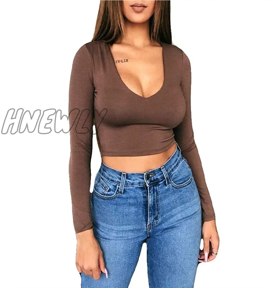 Hnewly 6 Colors Newest Arrival Women Summer Solid V Neck Long Sleeve T - Shirts Short Tops Crop