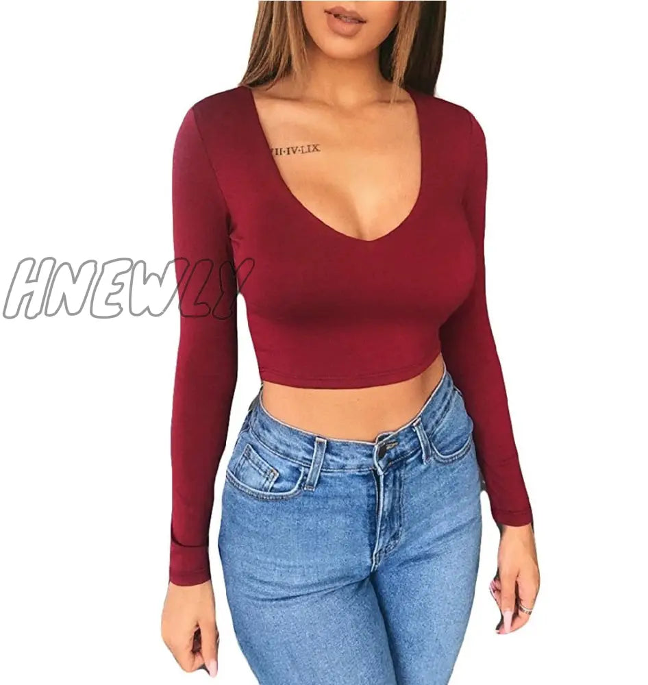 Hnewly 6 Colors Newest Arrival Women Summer Solid V Neck Long Sleeve T - Shirts Short Tops Crop