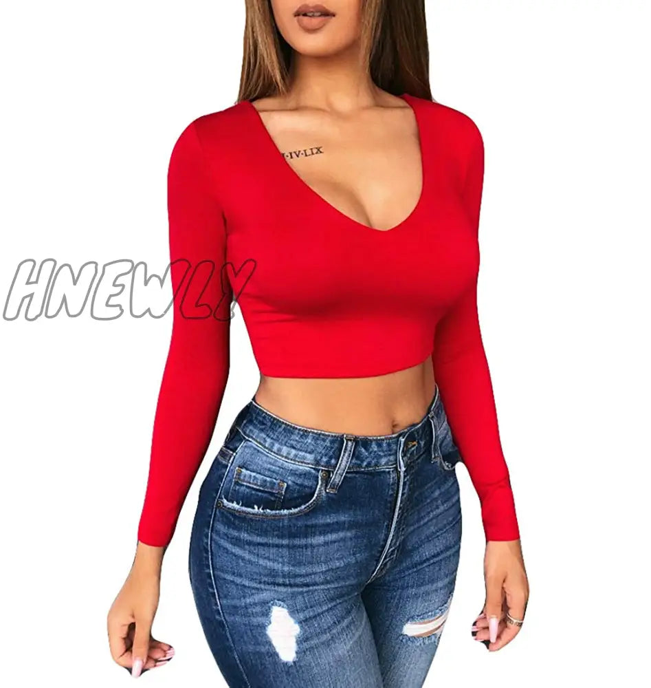 Hnewly 6 Colors Newest Arrival Women Summer Solid V Neck Long Sleeve T - Shirts Short Tops Crop