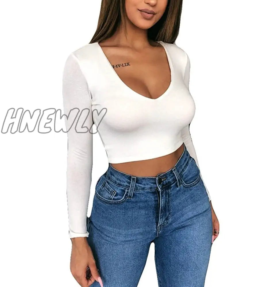 Hnewly 6 Colors Newest Arrival Women Summer Solid V Neck Long Sleeve T - Shirts Short Tops Crop