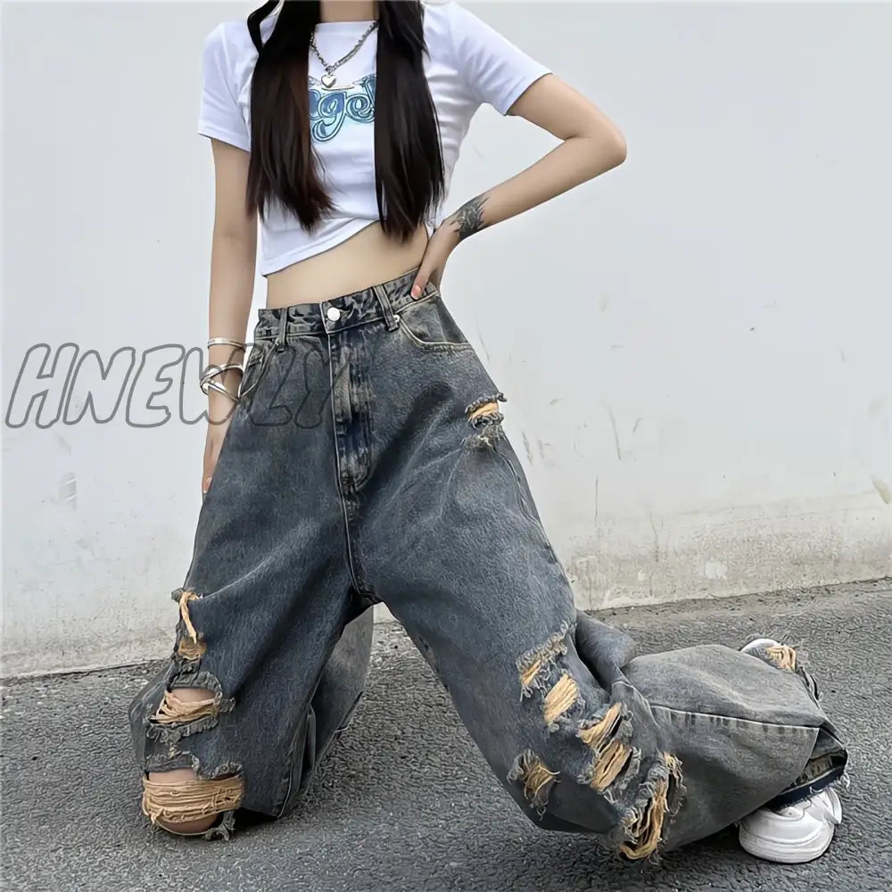 Hnewly American Style Y2K Streetwear Ripped Jeans Women Oversize Baggy Pants Summer New Hiphop