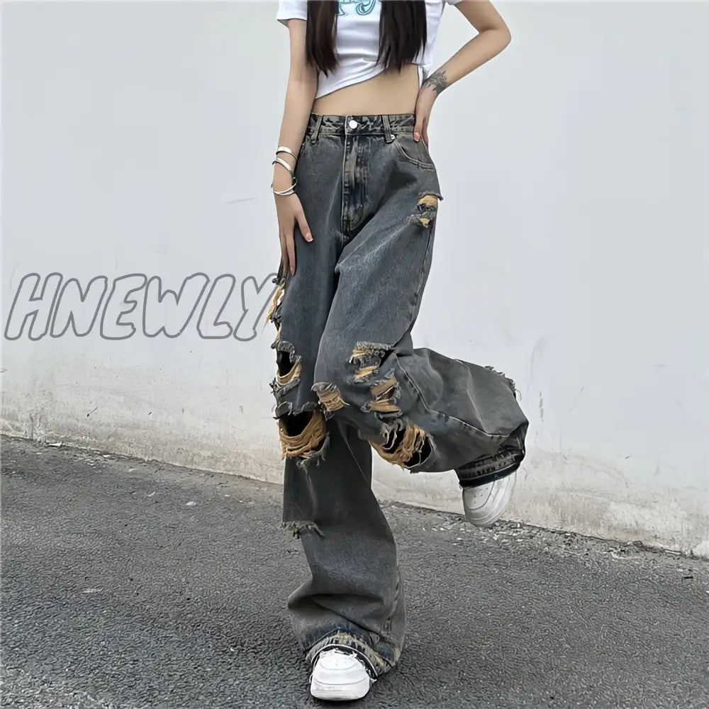 Hnewly American Style Y2K Streetwear Ripped Jeans Women Oversize Baggy Pants Summer New Hiphop