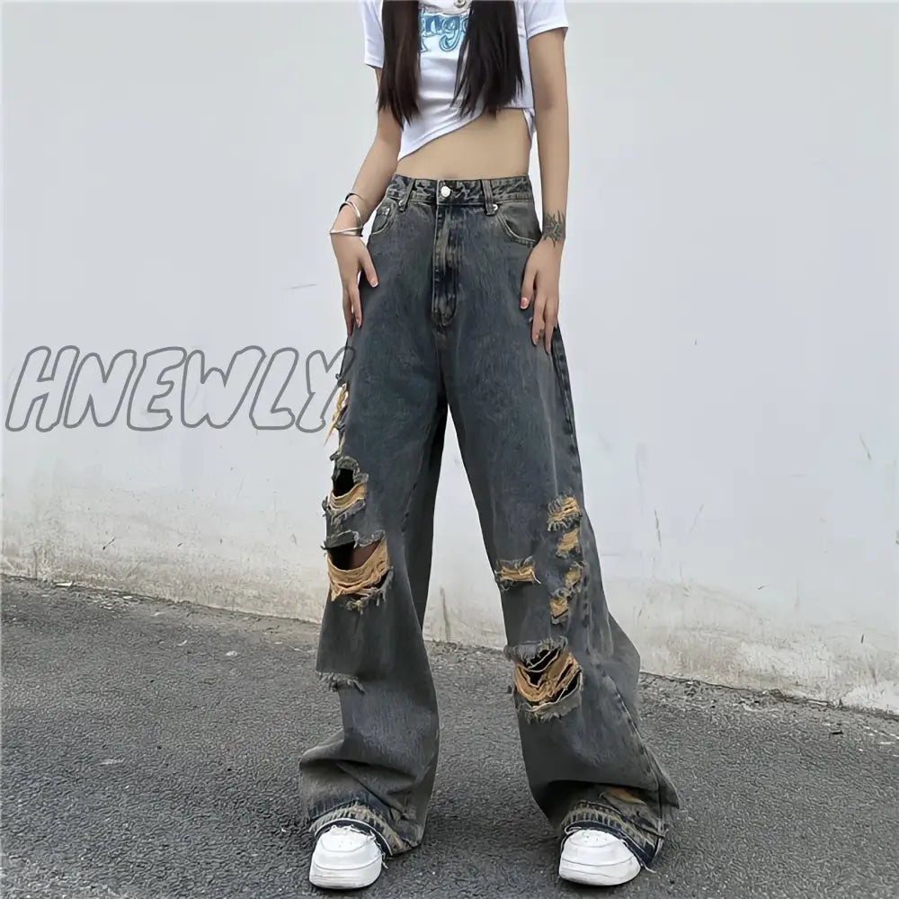 Hnewly American Style Y2K Streetwear Ripped Jeans Women Oversize Baggy Pants Summer New Hiphop