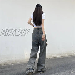 Hnewly American Style Y2K Streetwear Ripped Jeans Women Oversize Baggy Pants Summer New Hiphop