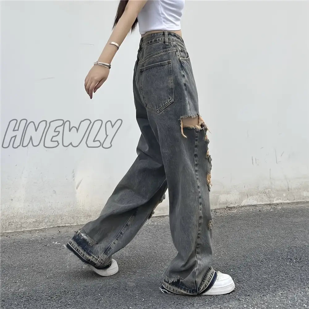 Hnewly American Style Y2K Streetwear Ripped Jeans Women Oversize Baggy Pants Summer New Hiphop