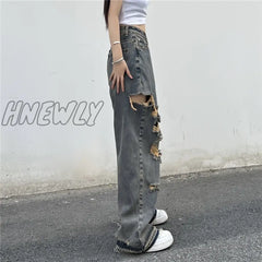 Hnewly American Style Y2K Streetwear Ripped Jeans Women Oversize Baggy Pants Summer New Hiphop