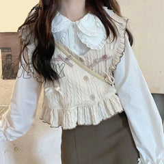 Hnewly Autum Kawaii Knitted Sweater Vest Women Japanese Style Sweet Patchwork Pullover Female