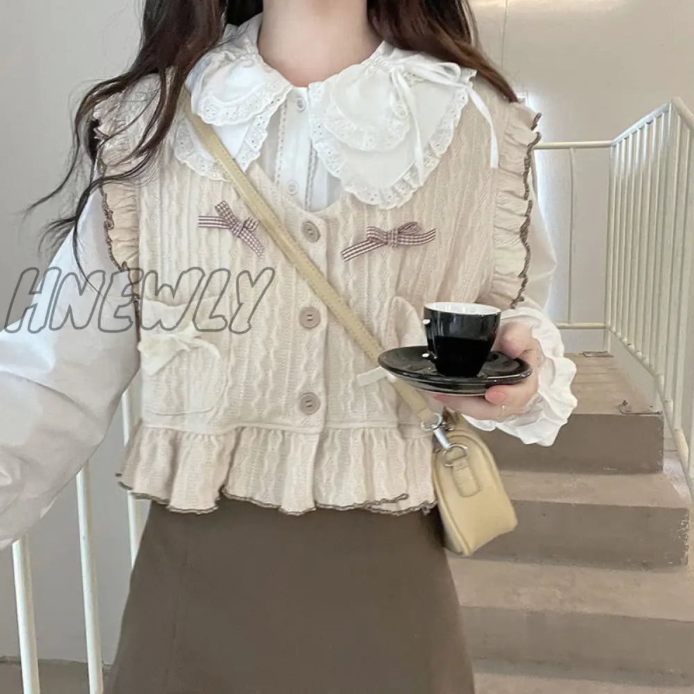 Hnewly Autum Kawaii Knitted Sweater Vest Women Japanese Style Sweet Patchwork Pullover Female