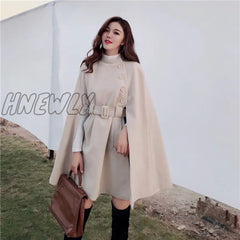 Hnewly Autumn High Quality Woolen Cloth Shawl Cape Poncho With Belt Women Mid - Length Korean