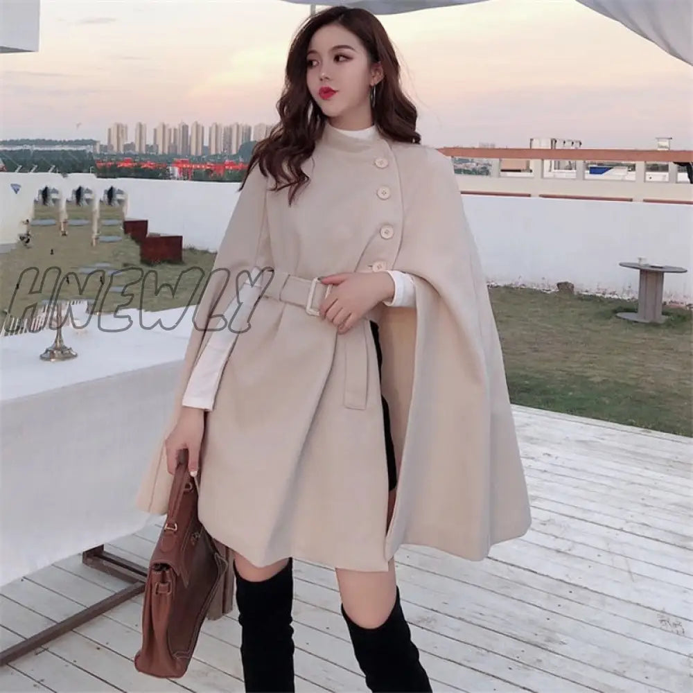 Hnewly Autumn High Quality Woolen Cloth Shawl Cape Poncho With Belt Women Mid - Length Korean