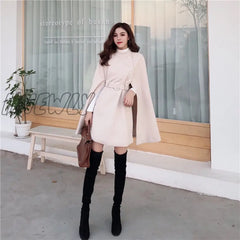 Hnewly Autumn High Quality Woolen Cloth Shawl Cape Poncho With Belt Women Mid - Length Korean