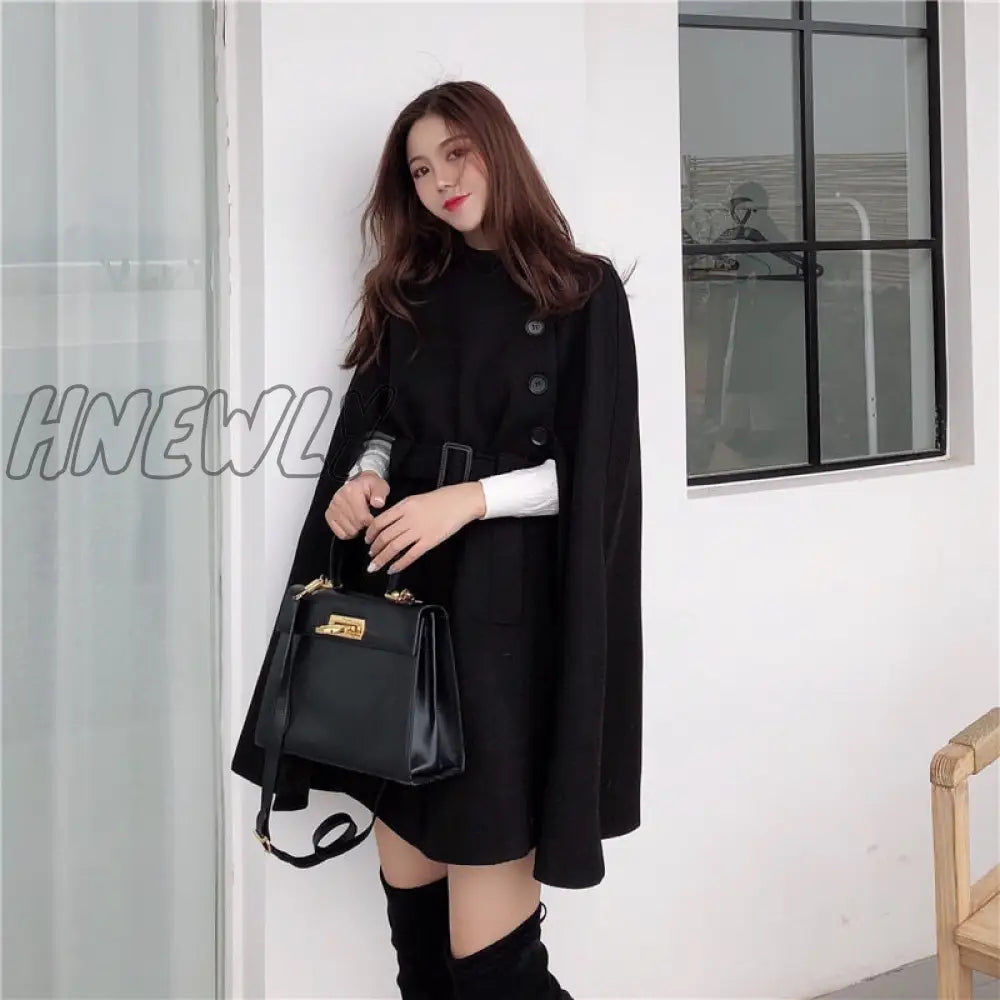 Hnewly Autumn High Quality Woolen Cloth Shawl Cape Poncho With Belt Women Mid - Length Korean