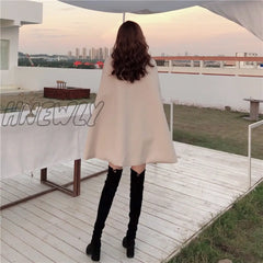 Hnewly Autumn High Quality Woolen Cloth Shawl Cape Poncho With Belt Women Mid - Length Korean