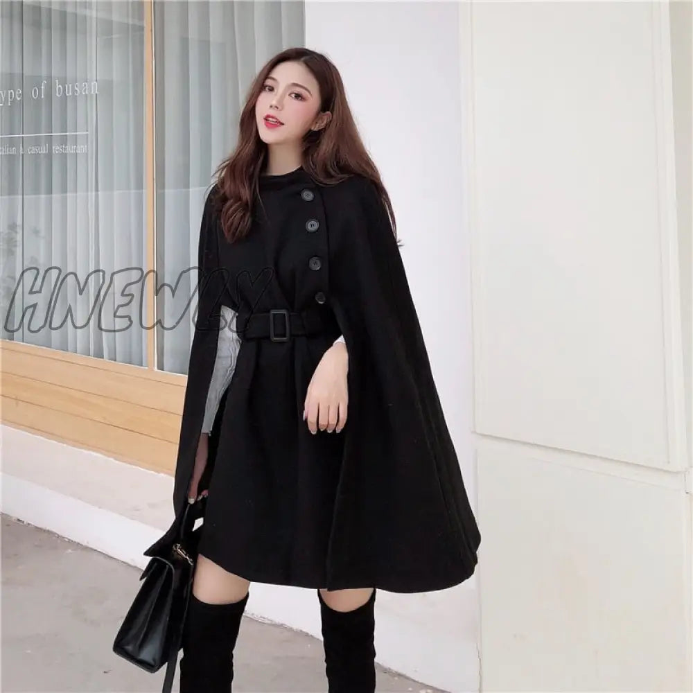 Hnewly Autumn High Quality Woolen Cloth Shawl Cape Poncho With Belt Women Mid - Length Korean