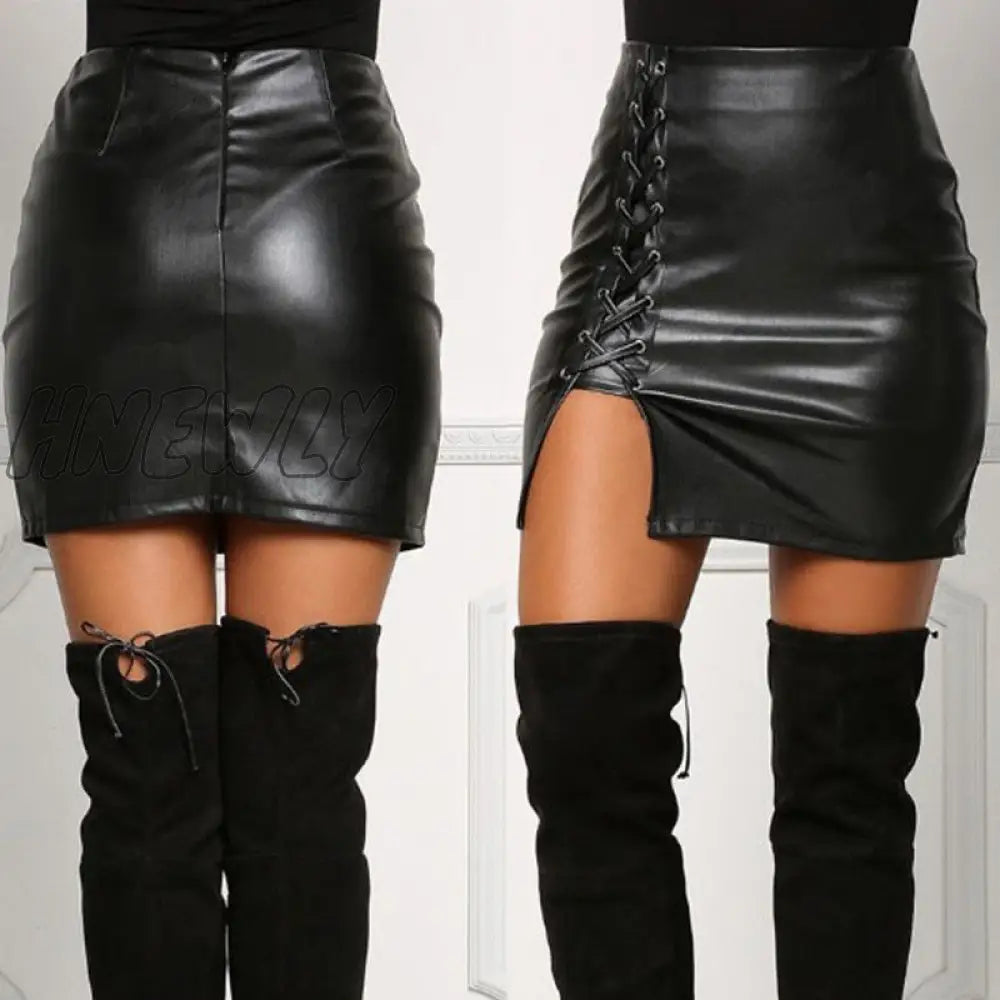 Hnewly Autumn Ladies Above Knee Black Pu Leather Mini Skirts Winter Women High Waist Bodycon Front