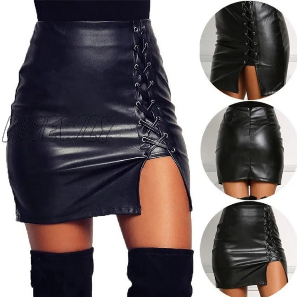 Hnewly Autumn Ladies Above Knee Black Pu Leather Mini Skirts Winter Women High Waist Bodycon Front