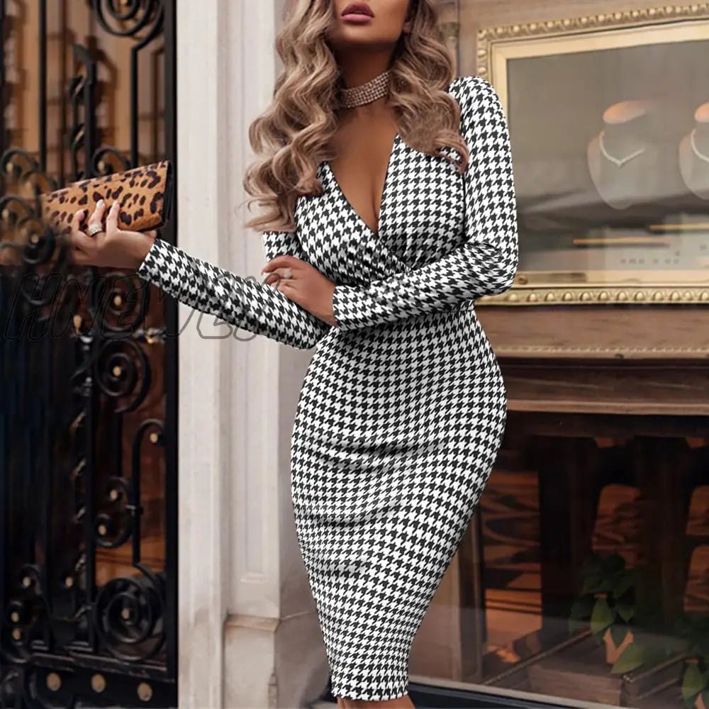 Hnewly Autumn Long Sleeve Bodycon Elegant Office Lady Dress Fashion Houndstooth Print Sexy V - Neck