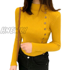 Hnewly Autumn Ribbed Button Women Sweater Pullovers Cotton Long Sleeve Turtleneck Jumpers Spring