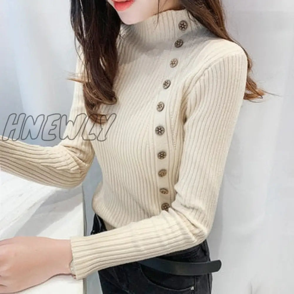 Hnewly Autumn Ribbed Button Women Sweater Pullovers Cotton Long Sleeve Turtleneck Jumpers Spring