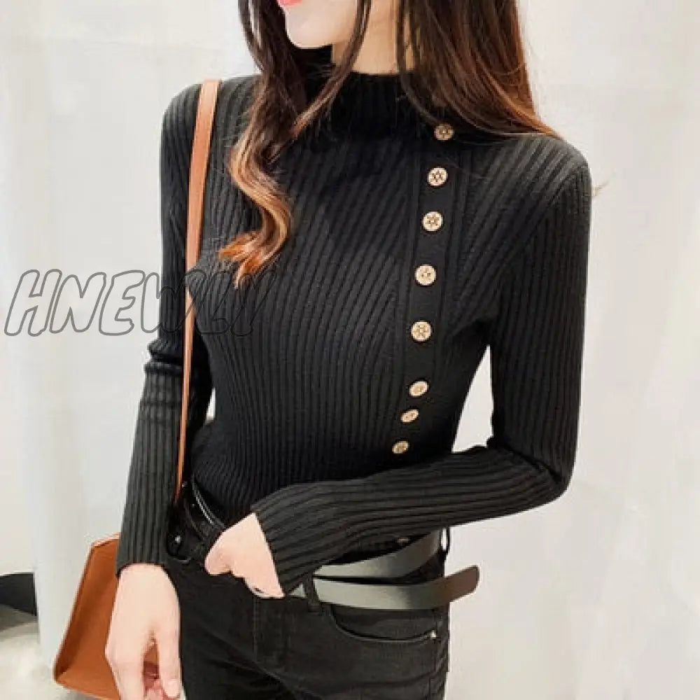 Hnewly Autumn Ribbed Button Women Sweater Pullovers Cotton Long Sleeve Turtleneck Jumpers Spring