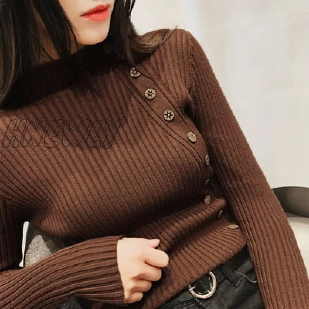 Hnewly Autumn Ribbed Button Women Sweater Pullovers Cotton Long Sleeve Turtleneck Jumpers Spring