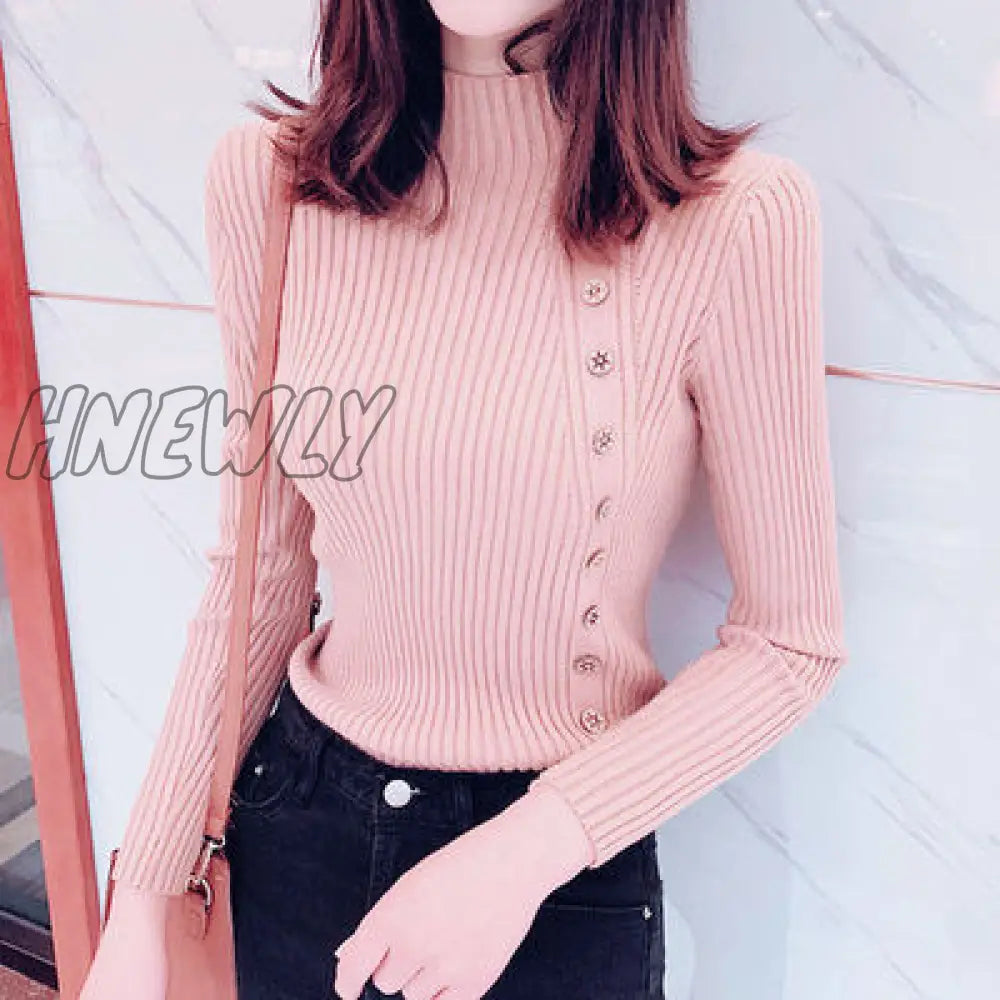 Hnewly Autumn Ribbed Button Women Sweater Pullovers Cotton Long Sleeve Turtleneck Jumpers Spring