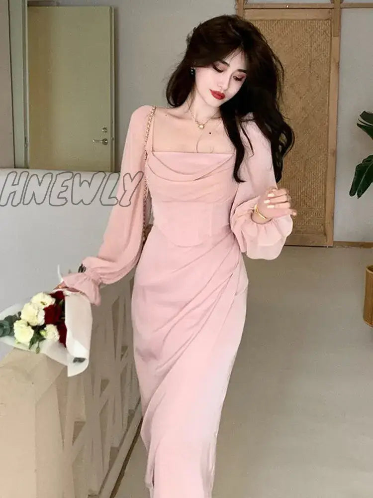 Hnewly Autumn Solid Elegant Fairy Dresses Women Casual Party Fashion Korean One Piece Dress Female