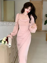 Hnewly Autumn Solid Elegant Fairy Dresses Women Casual Party Fashion Korean One Piece Dress Female