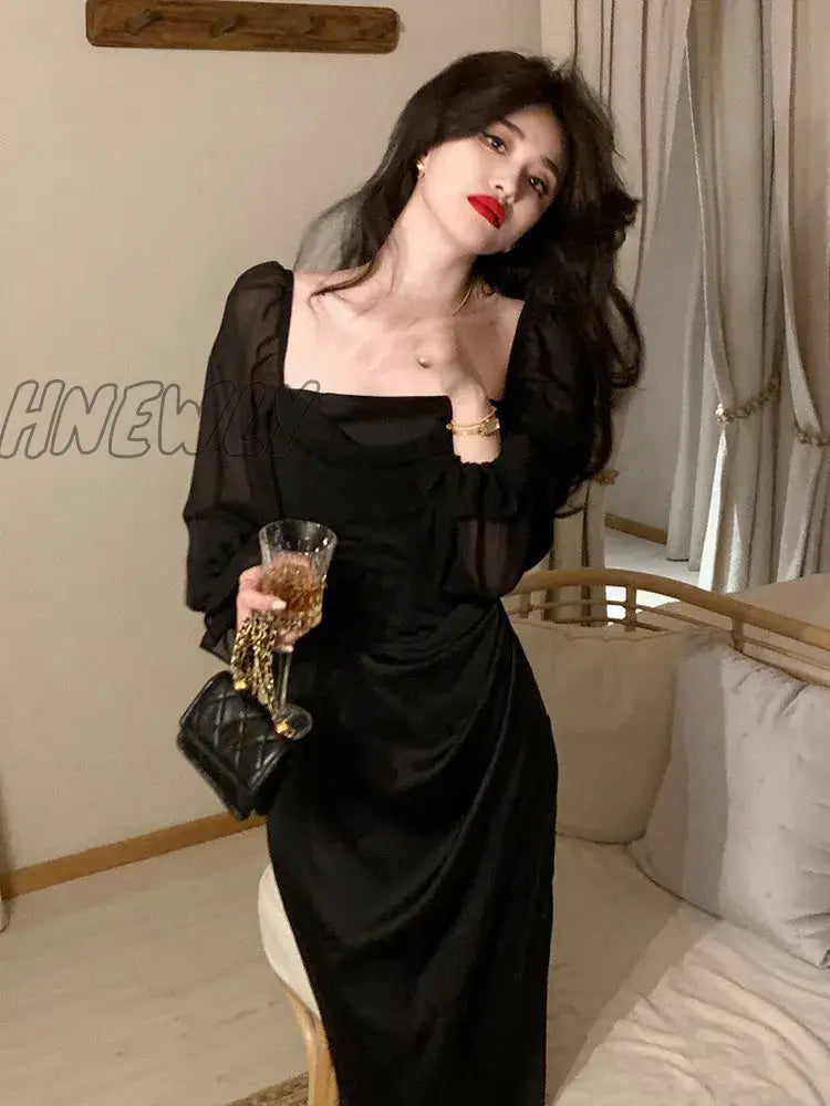 Hnewly Autumn Solid Elegant Fairy Dresses Women Casual Party Fashion Korean One Piece Dress Female