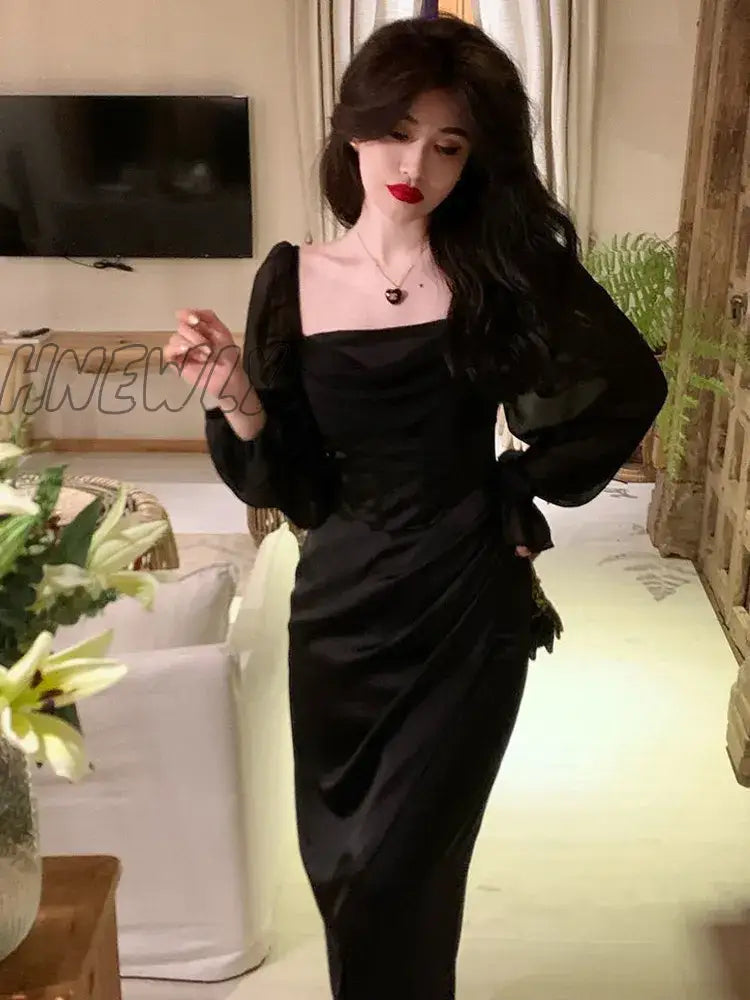 Hnewly Autumn Solid Elegant Fairy Dresses Women Casual Party Fashion Korean One Piece Dress Female