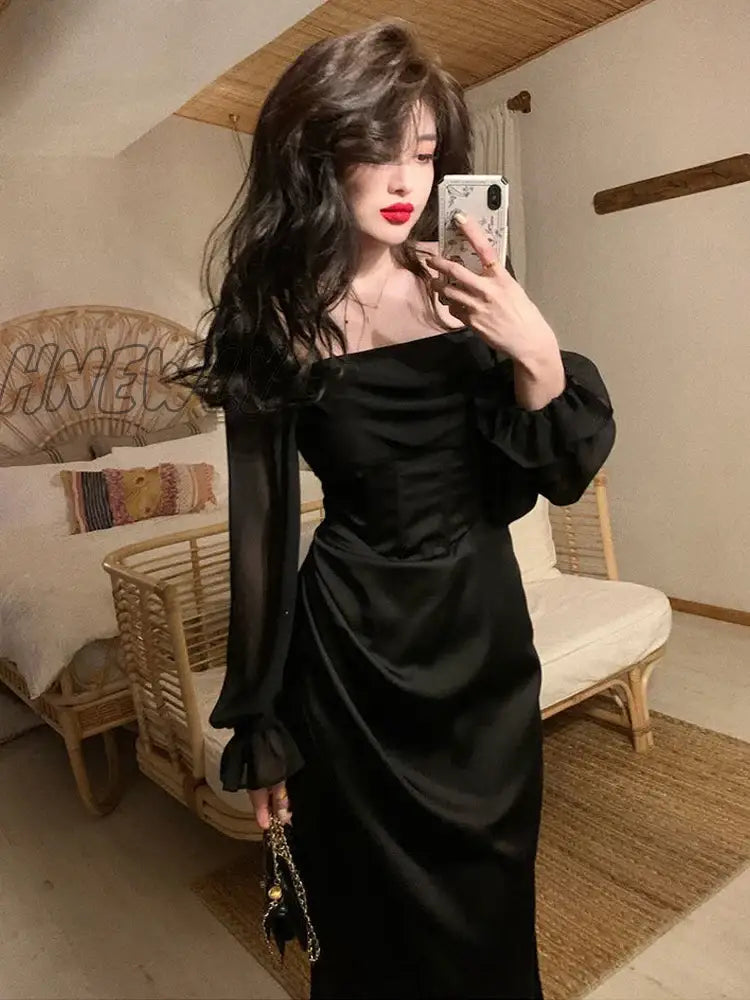 Hnewly Autumn Solid Elegant Fairy Dresses Women Casual Party Fashion Korean One Piece Dress Female