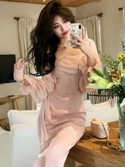 Hnewly Autumn Solid Elegant Fairy Dresses Women Casual Party Fashion Korean One Piece Dress Female