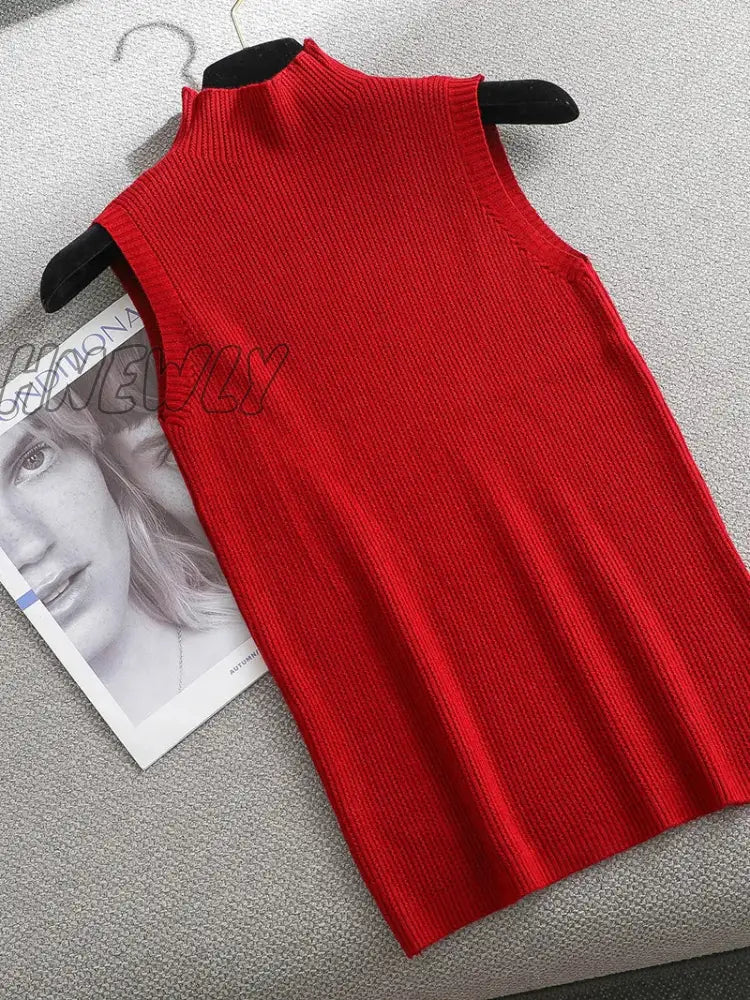 Hnewly Autumn Spring Solid Elegant Sleeveless Sweater Pullovers Women Turtleneck Fashion Female