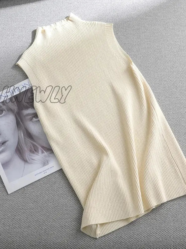 Hnewly Autumn Spring Solid Elegant Sleeveless Sweater Pullovers Women Turtleneck Fashion Female