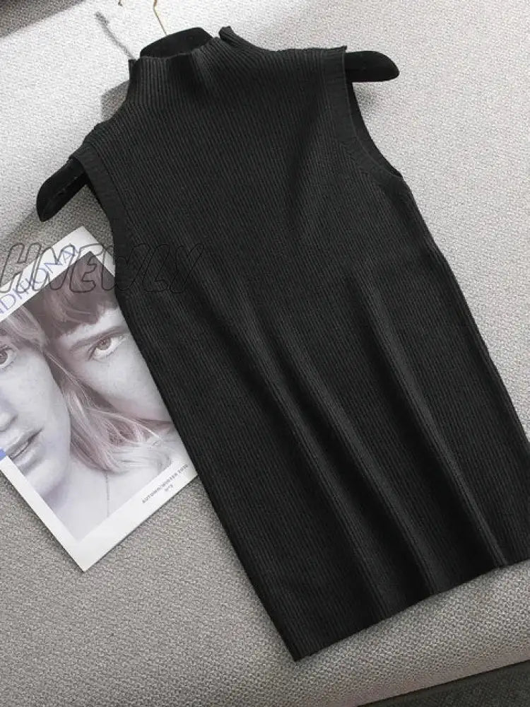 Hnewly Autumn Spring Solid Elegant Sleeveless Sweater Pullovers Women Turtleneck Fashion Female