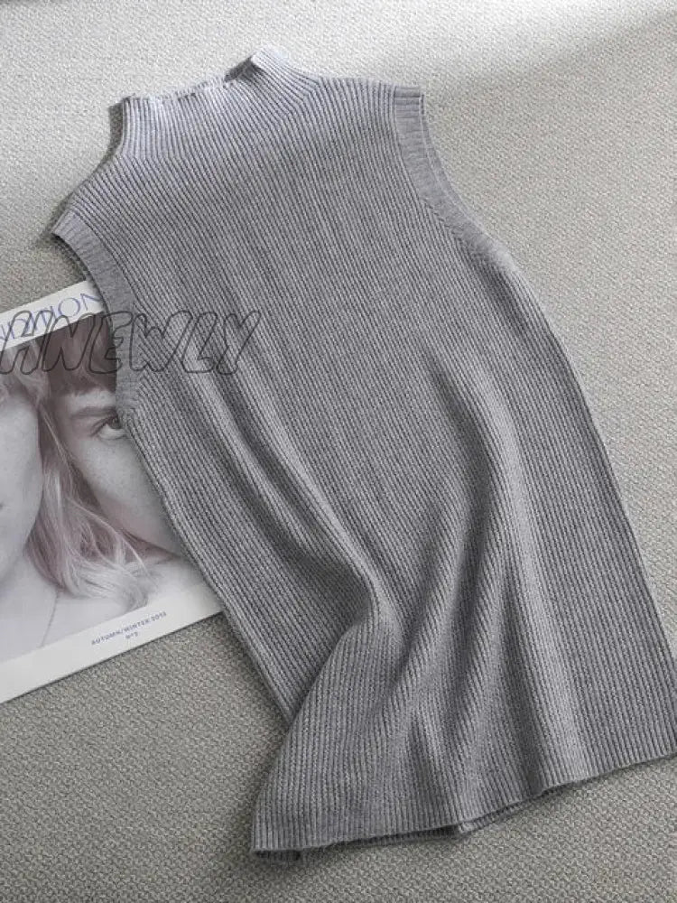 Hnewly Autumn Spring Solid Elegant Sleeveless Sweater Pullovers Women Turtleneck Fashion Female