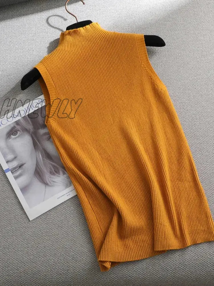 Hnewly Autumn Spring Solid Elegant Sleeveless Sweater Pullovers Women Turtleneck Fashion Female