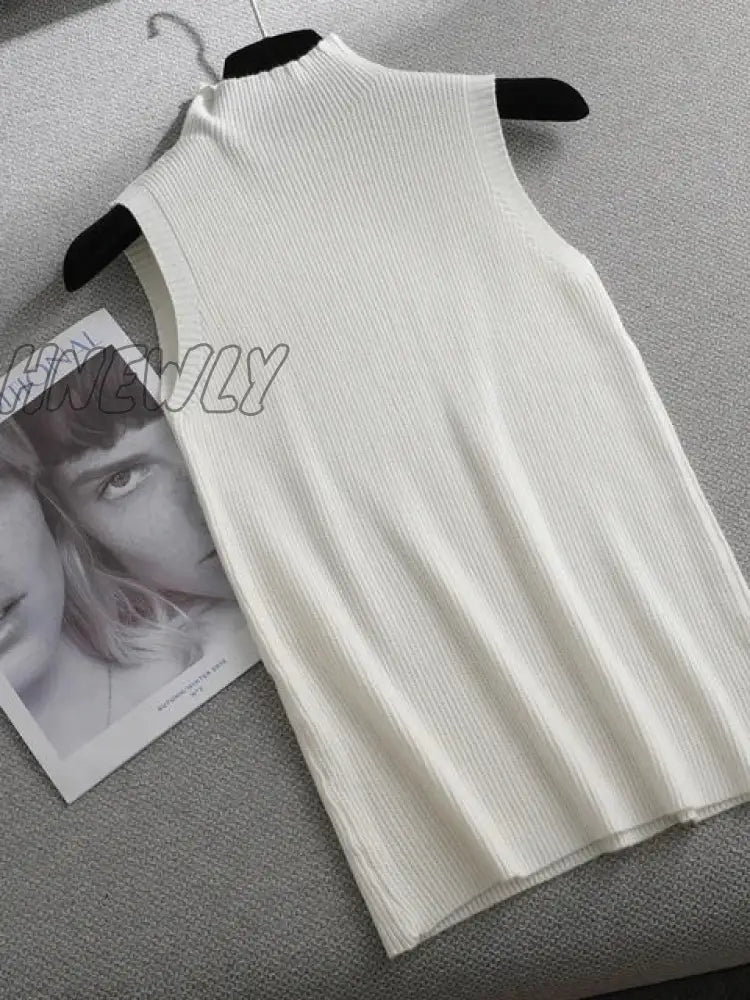 Hnewly Autumn Spring Solid Elegant Sleeveless Sweater Pullovers Women Turtleneck Fashion Female