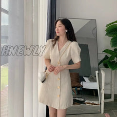 Hnewly Autumn Vintage French V-Neck Dress Women Linen Thin Puff Sleeve A-Line Midi Sundress Party