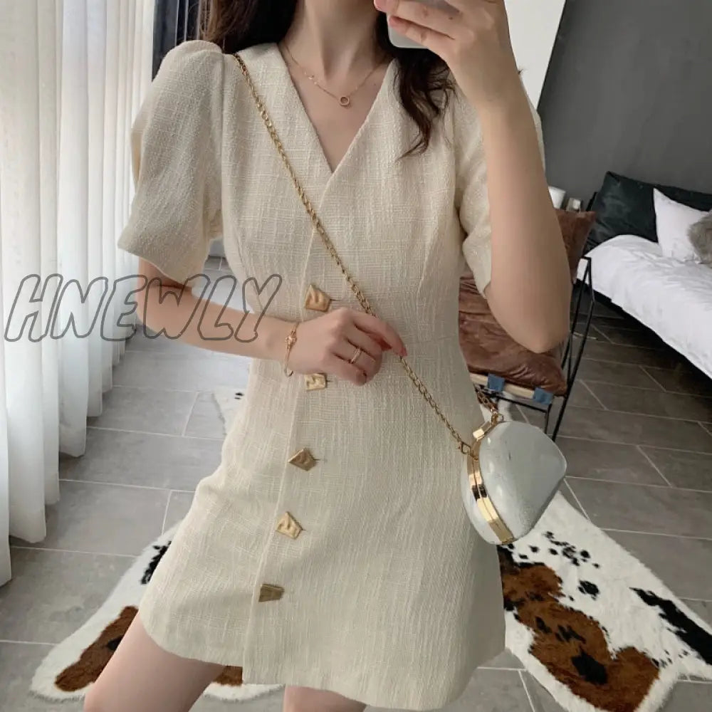 Hnewly Autumn Vintage French V-Neck Dress Women Linen Thin Puff Sleeve A-Line Midi Sundress Party