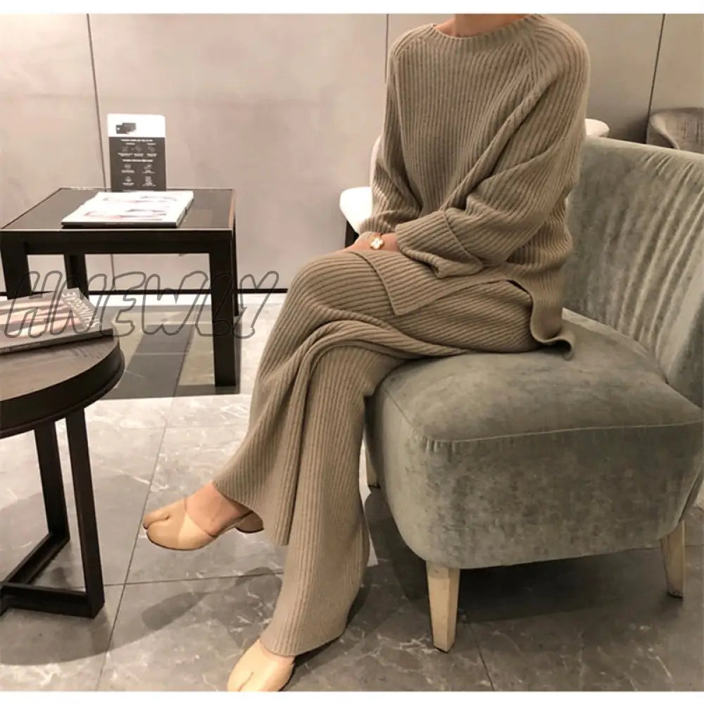 Hnewly Autumn Winter 2 Pieces Women Sets Knitted Tracksuit O-Neck Split Sweater And Wide Leg