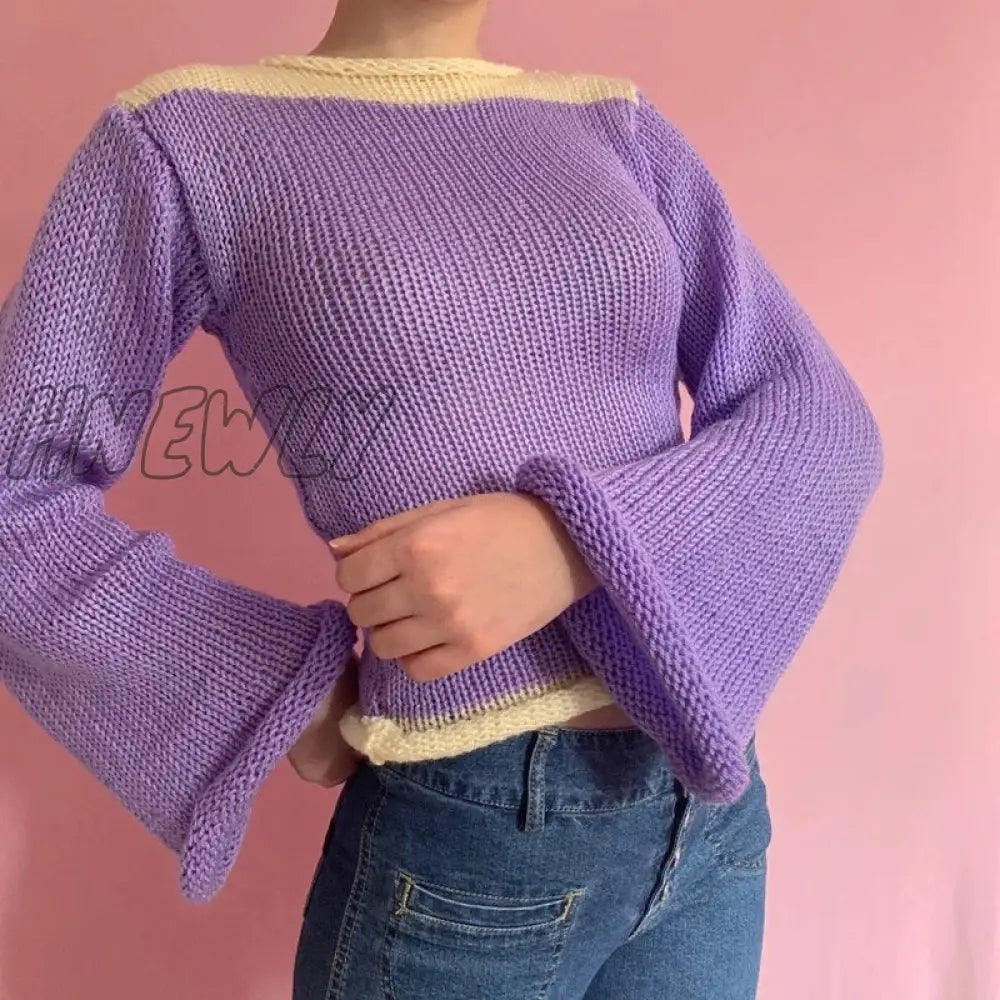 Hnewly Autumn Winter 90S Vintage Knitted Sweaters Striped Crimping Cropped Pullovers Chic Women