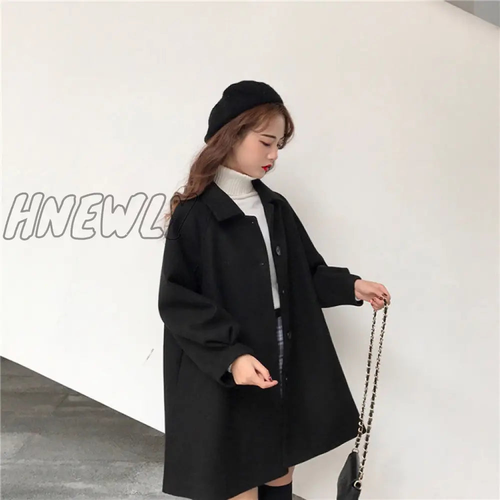 Hnewly Autumn Winter Classic Women Overcoats Casual Lapel Single - Breasted Loose Wool Coats