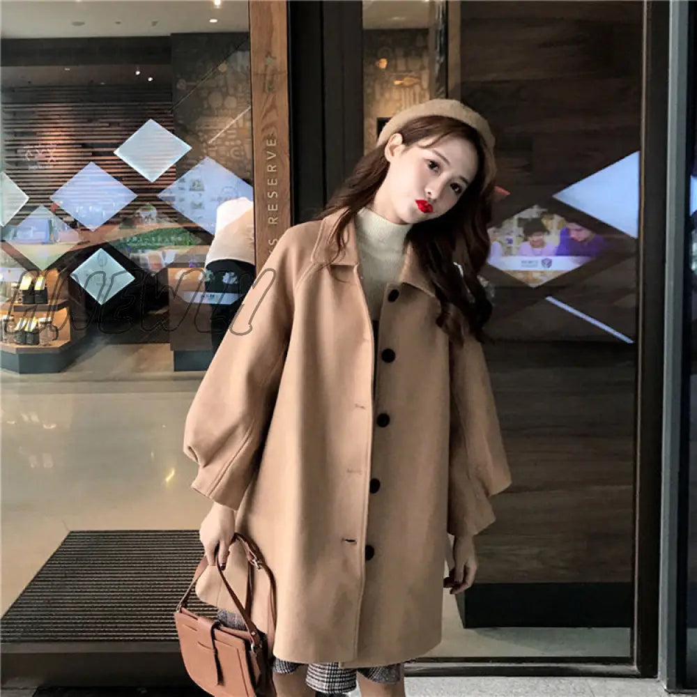 Hnewly Autumn Winter Classic Women Overcoats Casual Lapel Single - Breasted Loose Wool Coats