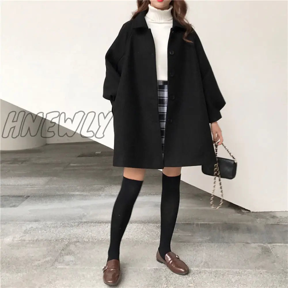 Hnewly Autumn Winter Classic Women Overcoats Casual Lapel Single - Breasted Loose Wool Coats