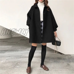 Hnewly Autumn Winter Classic Women Overcoats Casual Lapel Single - Breasted Loose Wool Coats