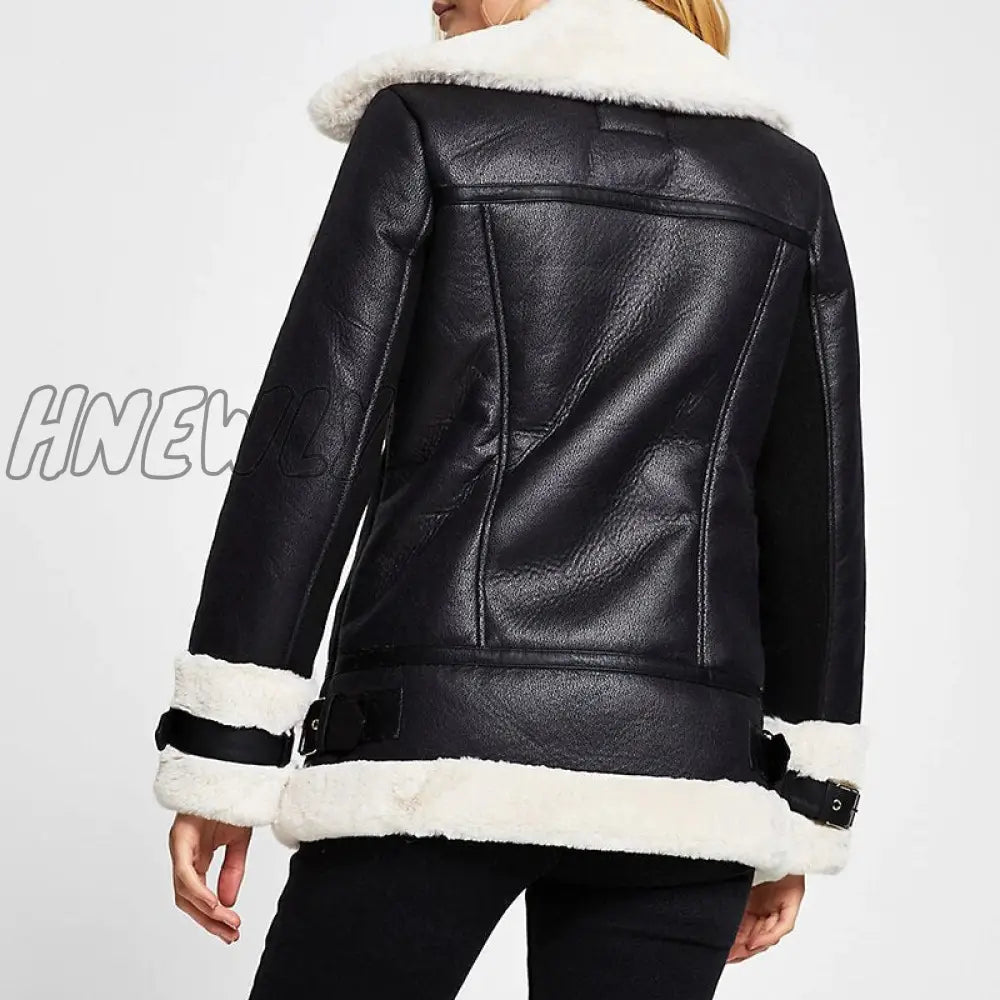 Hnewly Autumn Winter Coat Women Pu Faux Soft Leather Black White Sheepskin Fur Jacket Female