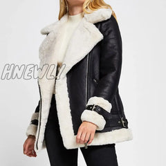 Hnewly Autumn Winter Coat Women Pu Faux Soft Leather Black White Sheepskin Fur Jacket Female