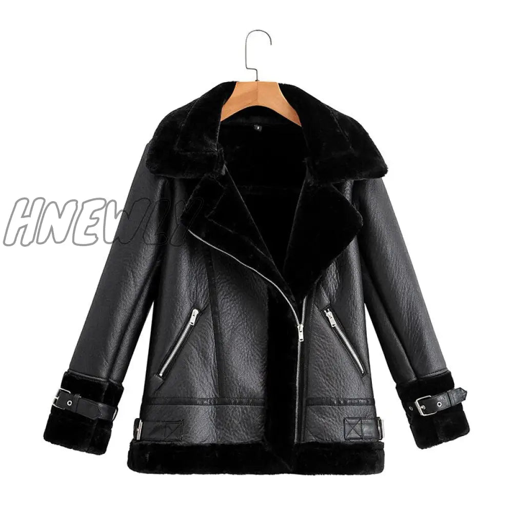 Hnewly Autumn Winter Coat Women Pu Faux Soft Leather Black White Sheepskin Fur Jacket Female