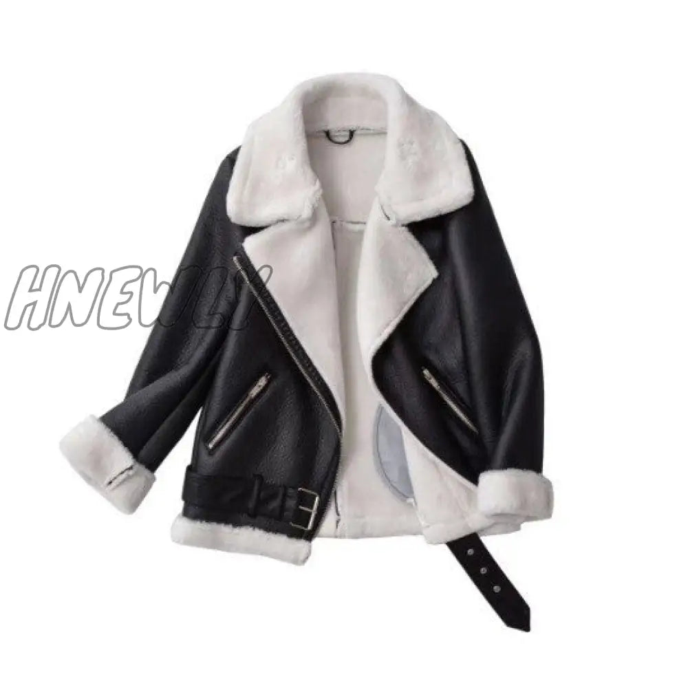 Hnewly Autumn Winter Coat Women Pu Faux Soft Leather Black White Sheepskin Fur Jacket Female